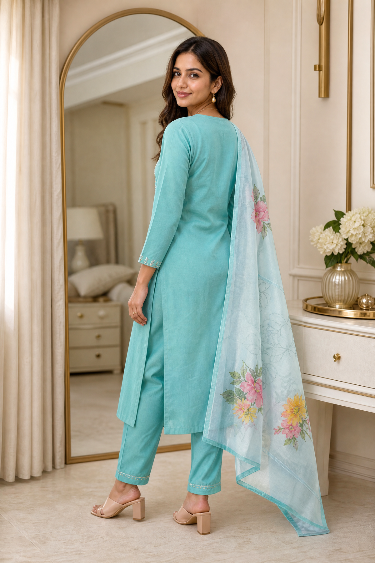 Sunainee™ Emerald Green Hand-Embellished Rayon Slub Kurta Set with Dupatta