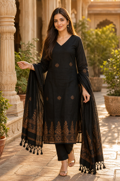 Purple & Black Floral 3-Piece Kurta Set | Cotton Silk Indian Suit with Pants & Dupatta | Sunainee