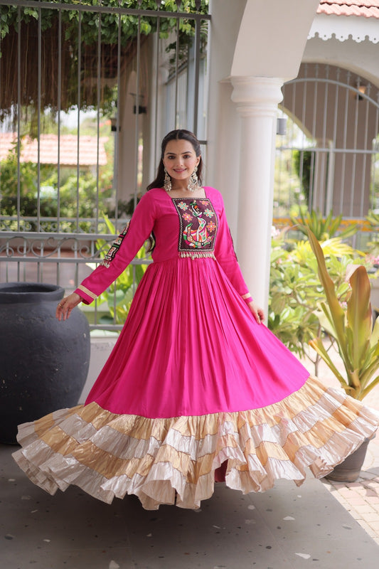 Navratri Special Anarkali Gown – Kutchi Gamthi Thread Work (14 KG Rayon)
