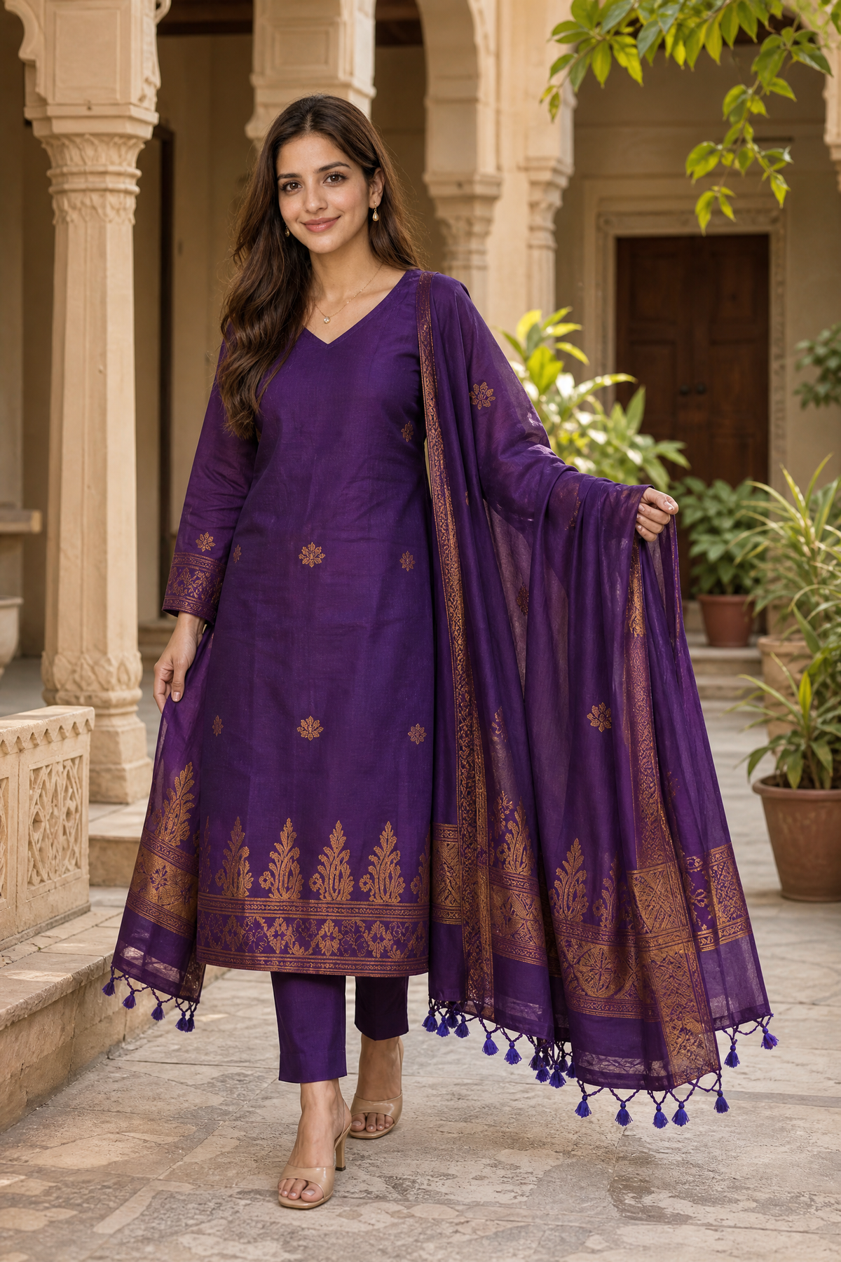 Purple & Black Floral 3-Piece Kurta Set | Cotton Silk Indian Suit with Pants & Dupatta | Sunainee
