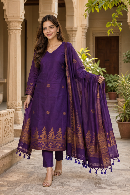 Purple & Black Floral 3-Piece Kurta Set | Cotton Silk Indian Suit with Pants & Dupatta | Sunainee