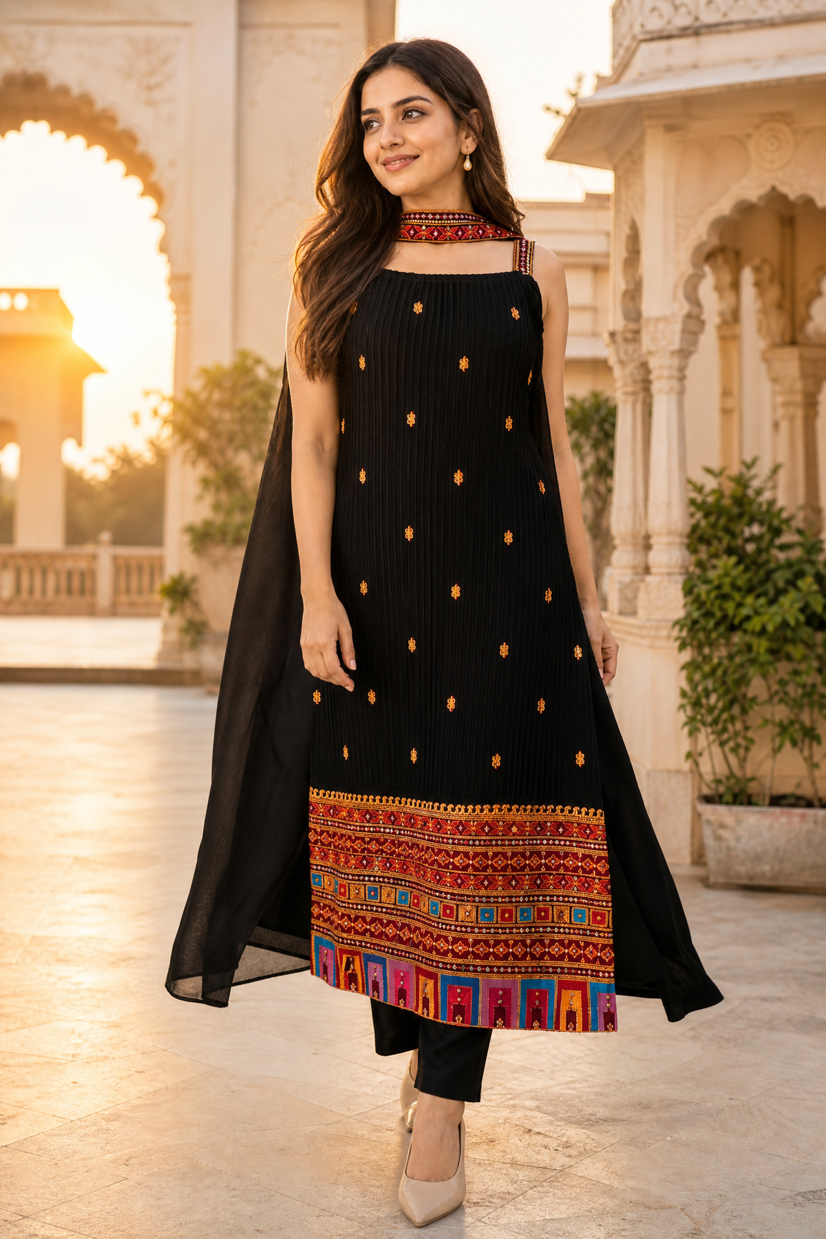 Women’s Black Georgette Embroidered Top Pant Dupatta Set