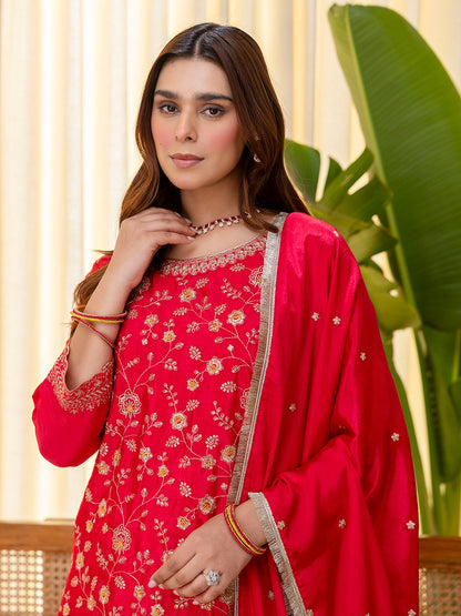 Embroidered Sequins Silk Blend Kurta Palazzo Dupatta Set