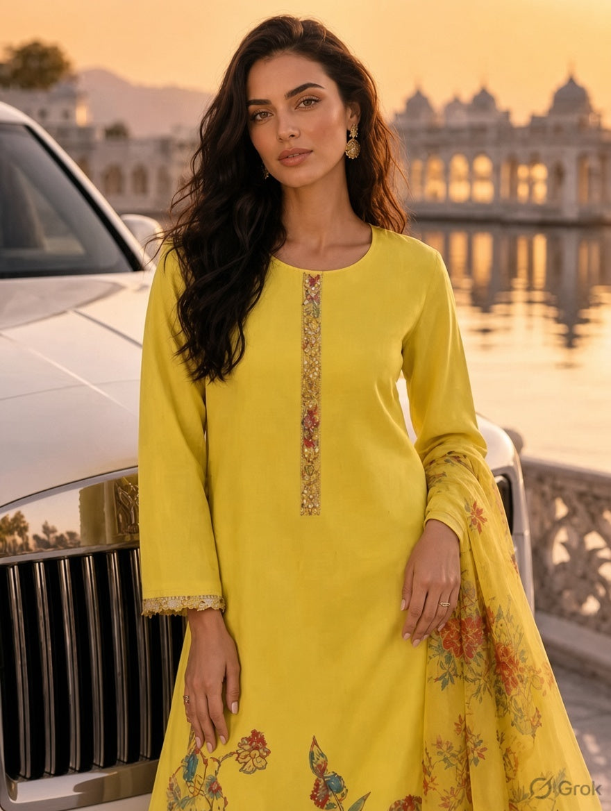 Floral Embroidered Kurta Set with Organza Dupatta