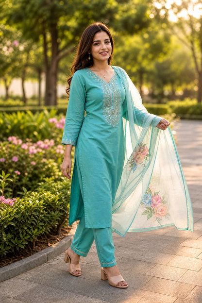 Sunainee™ Emerald Green Hand-Embellished Rayon Slub Kurta Set with Dupatta