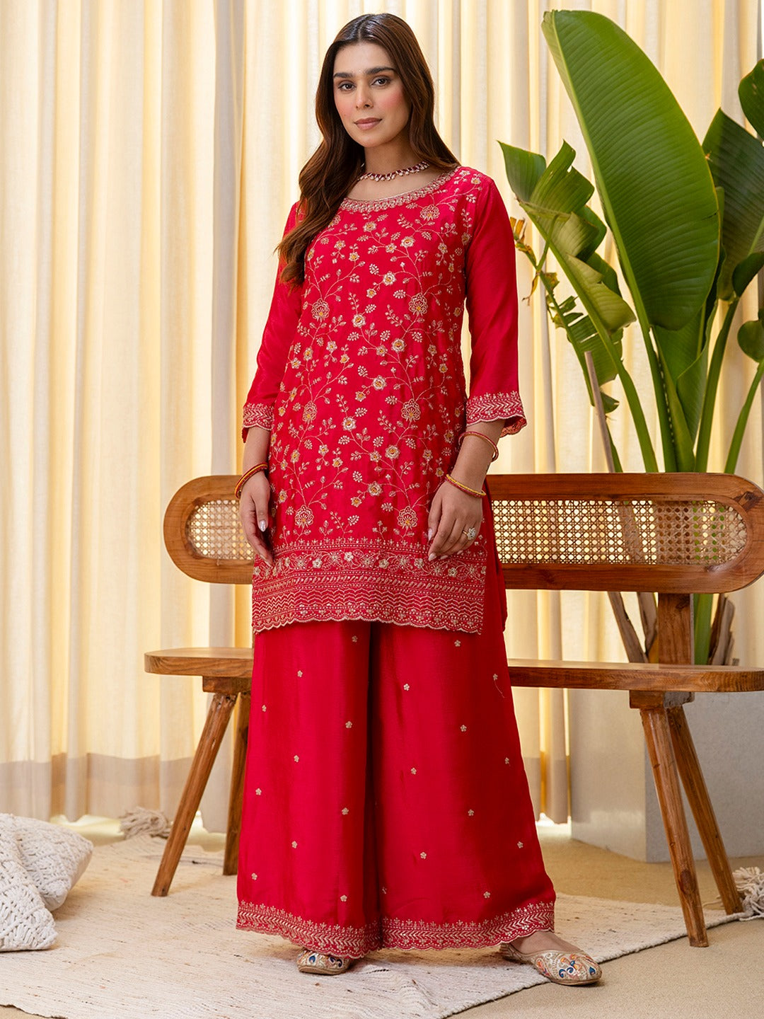 Embroidered Sequins Silk Blend Kurta Palazzo Dupatta Set