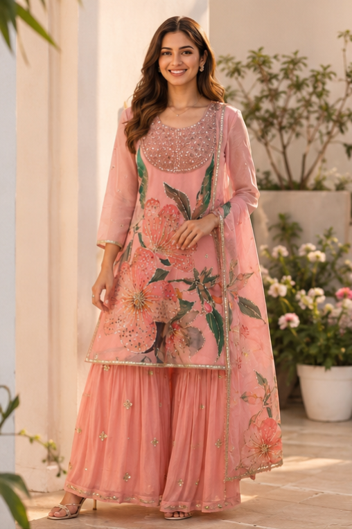 Sunainee Pink Floral Sequin Embroidered Organza Kurta Sharara Set with Printed Dupatta | Wedding & Festive Wear