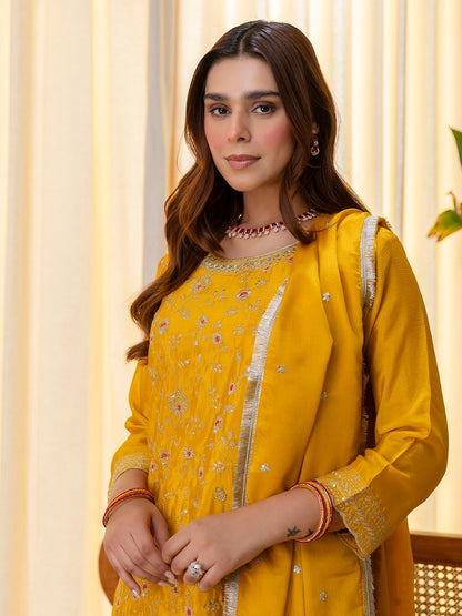 Embroidered Sequins Silk Blend Kurta Palazzo Dupatta Set