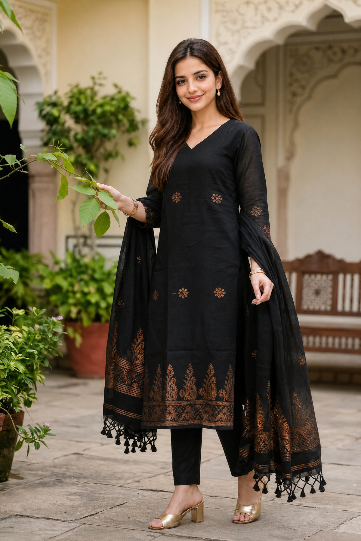 Purple & Black Floral 3-Piece Kurta Set | Cotton Silk Indian Suit with Pants & Dupatta | Sunainee