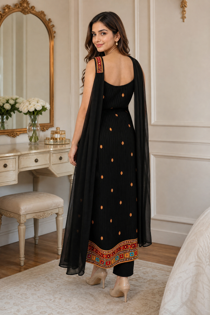 Women’s Black Georgette Embroidered Top Pant Dupatta Set