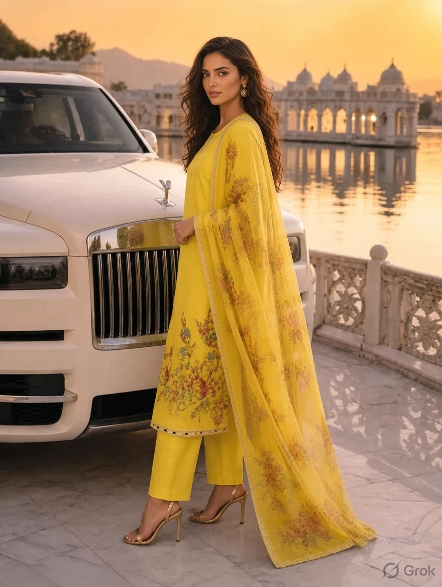 Floral Embroidered Kurta Set with Organza Dupatta
