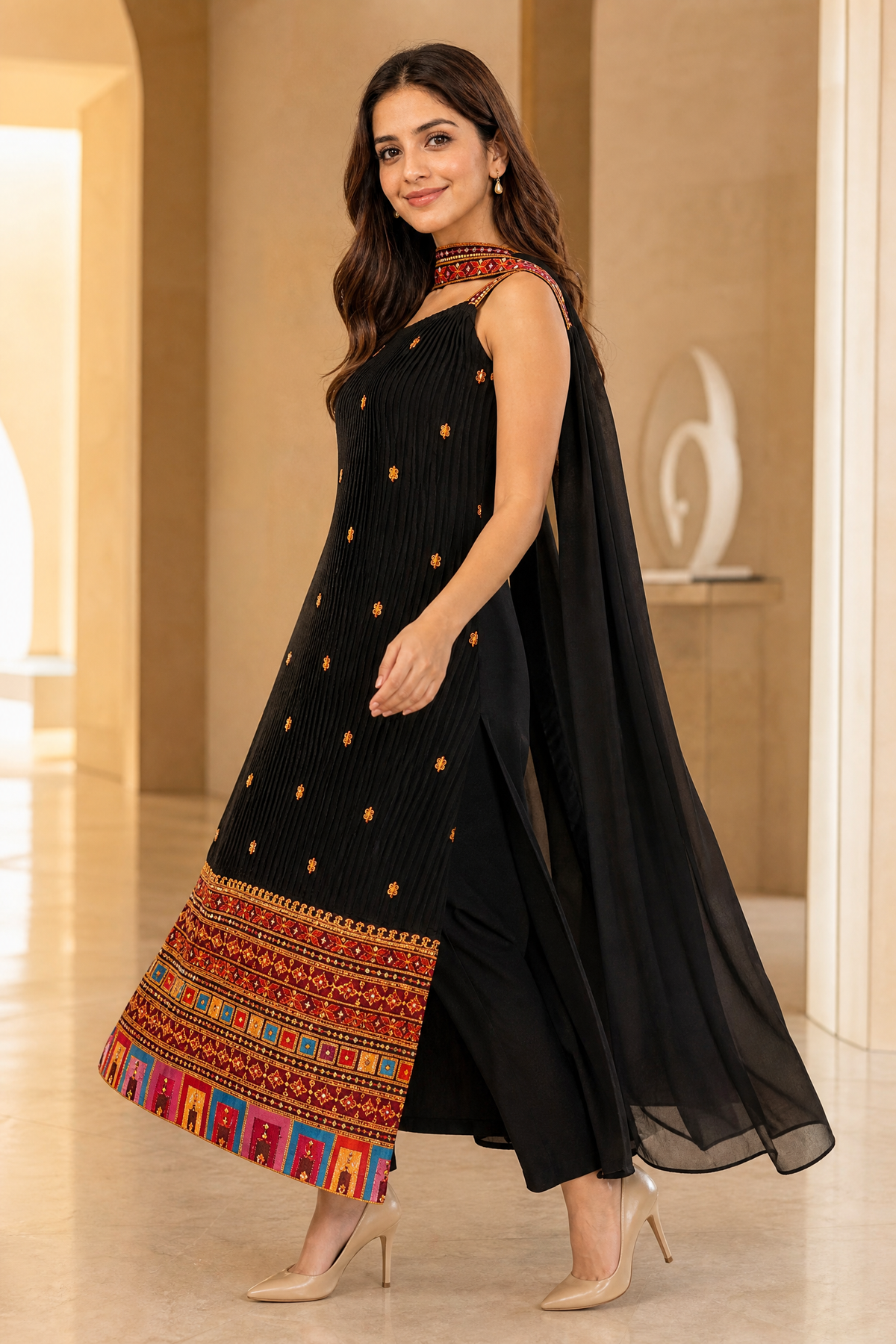 Women’s Black Georgette Embroidered Top Pant Dupatta Set