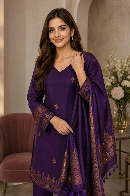 Purple & Black Floral 3-Piece Kurta Set | Cotton Silk Indian Suit with Pants & Dupatta | Sunainee