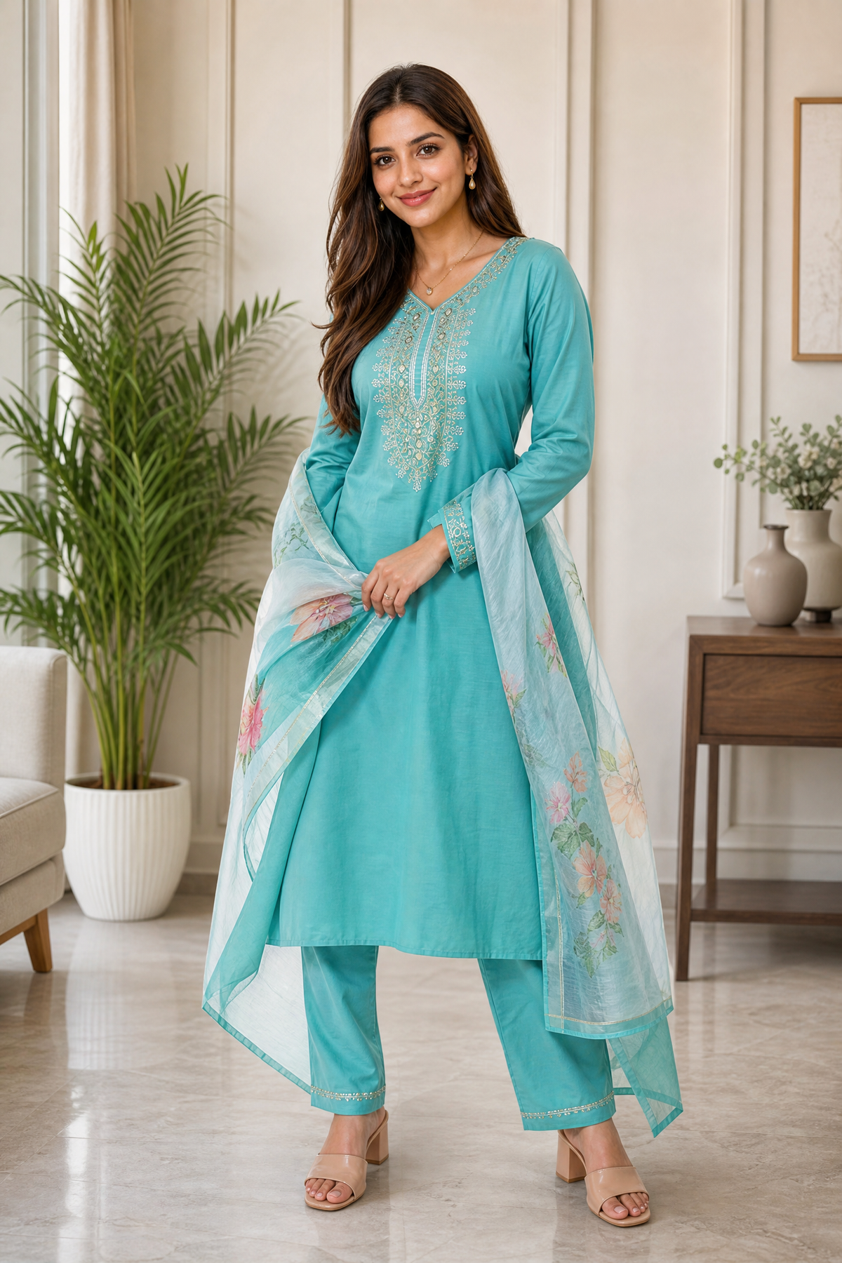 Sunainee™ Emerald Green Hand-Embellished Rayon Slub Kurta Set with Dupatta