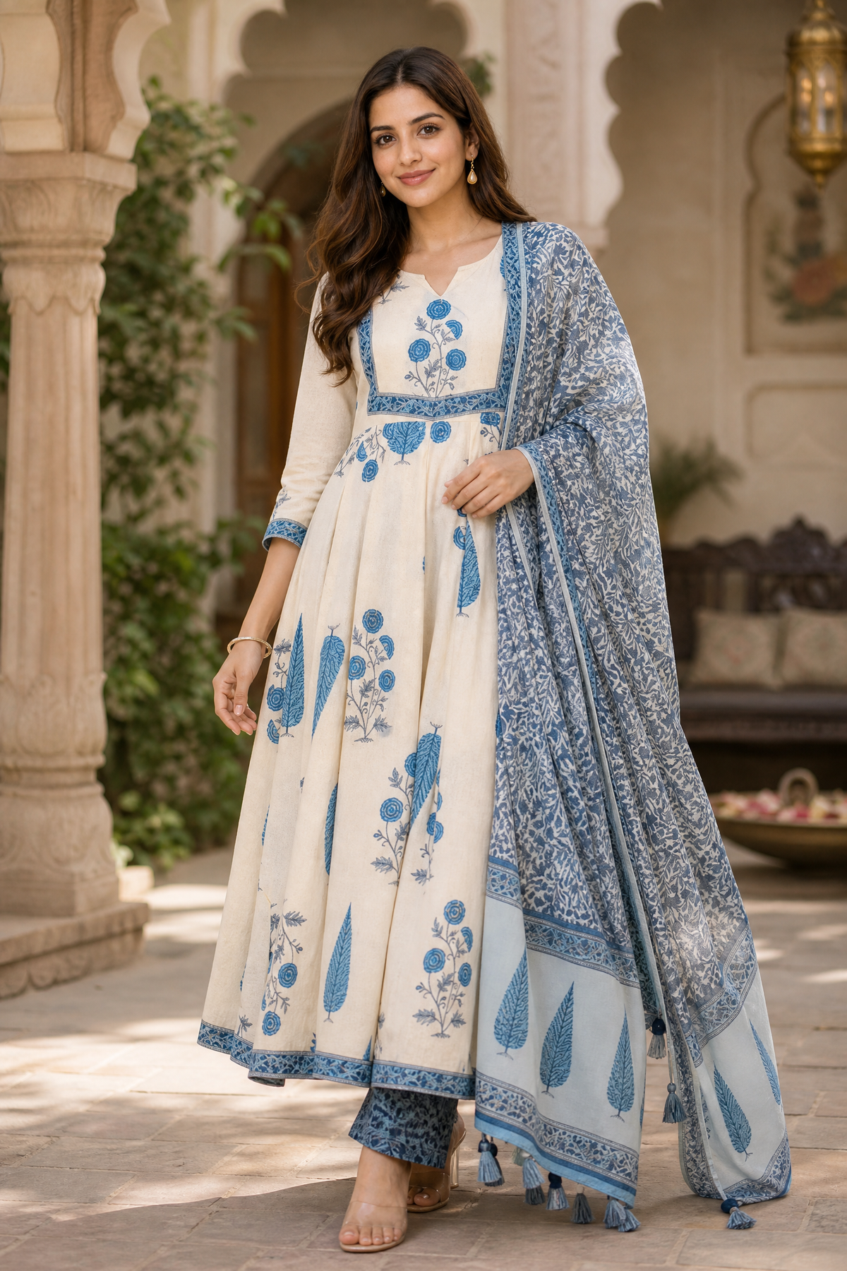 Cream Floral Cotton Anarkali Kurta Set with Pant & Dupatta