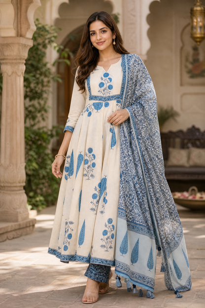 Cream Floral Cotton Anarkali Kurta Set with Pant & Dupatta