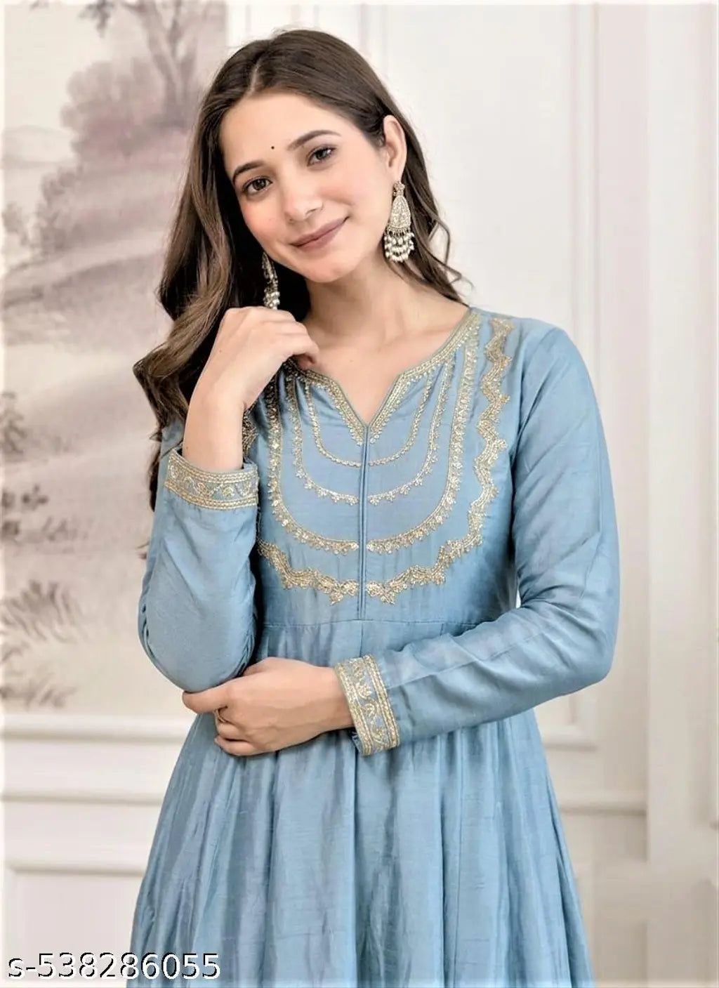 Straight Heavy Embroidered Anarkali Pant Set - Blue side view