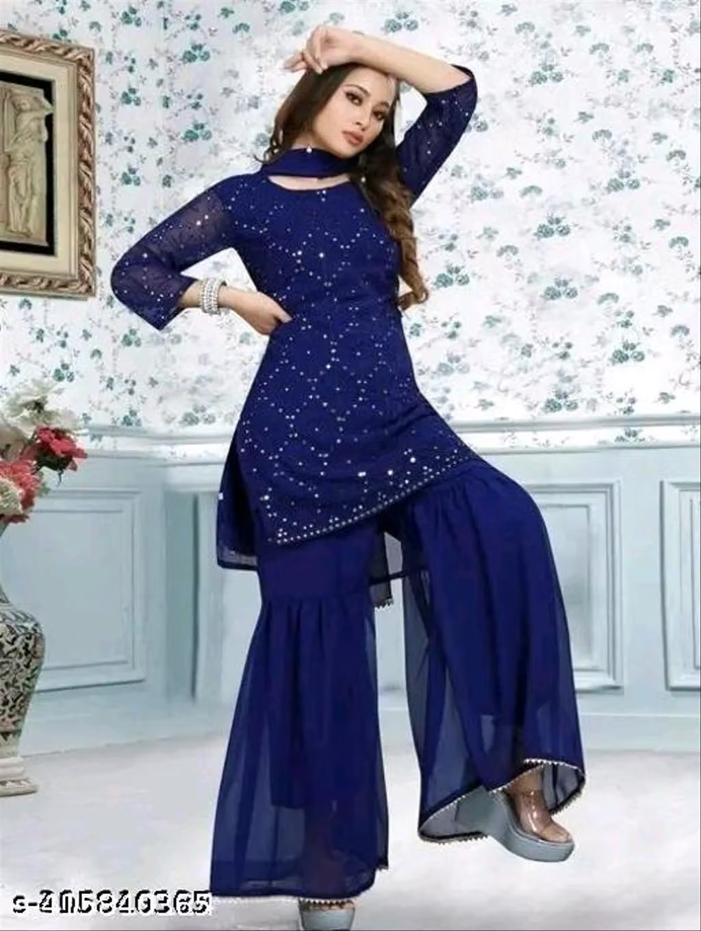 Georgette Sequin Kurta & Sharara Set with Dupatta — Festive Three-Piece