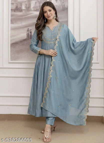 Straight Heavy Embroidered Anarkali Pant Set - Blue front view