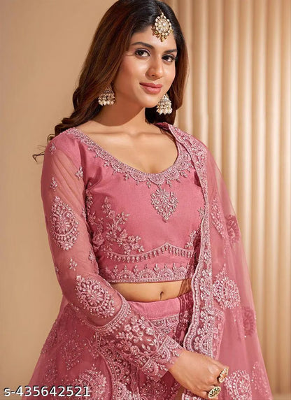Embroidered Thread Work Semi-Stitched Lehenga with Unstitched Blouse and inner fabric with Stitched Dupatta