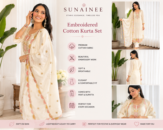 Sunainee cream embroidered cotton kurta pant and dupatta set