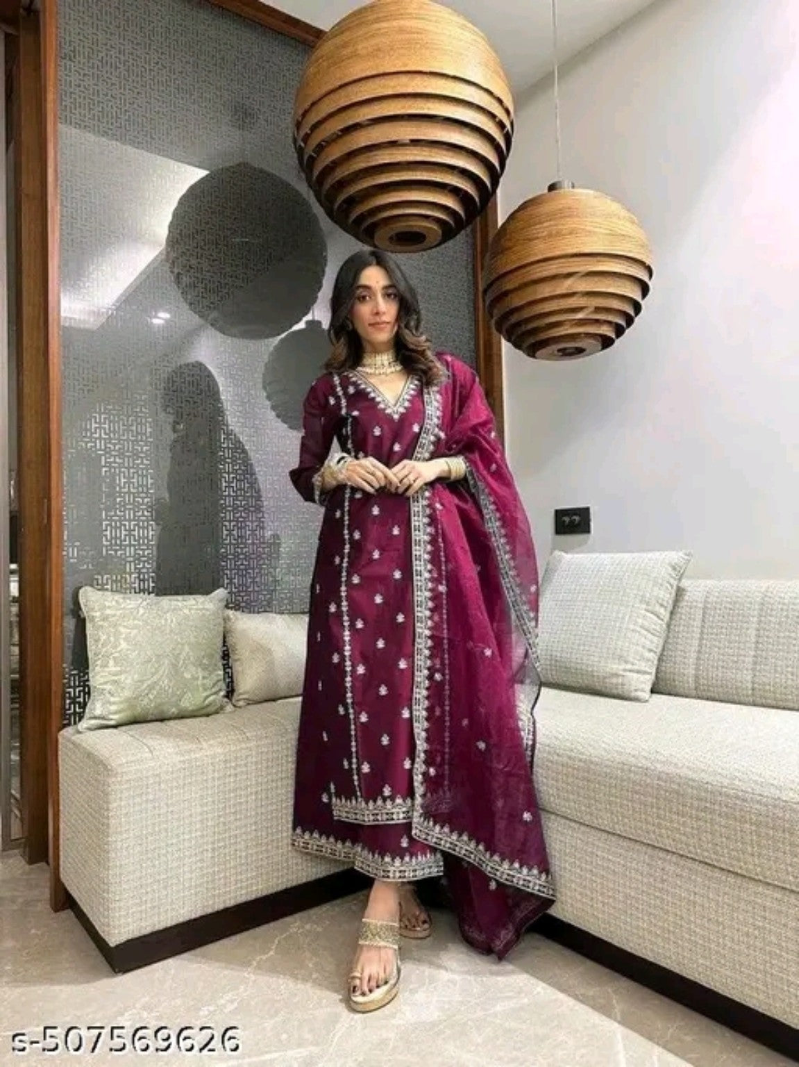 Maroon embroidered cotton jari silk kurta set with dupatta