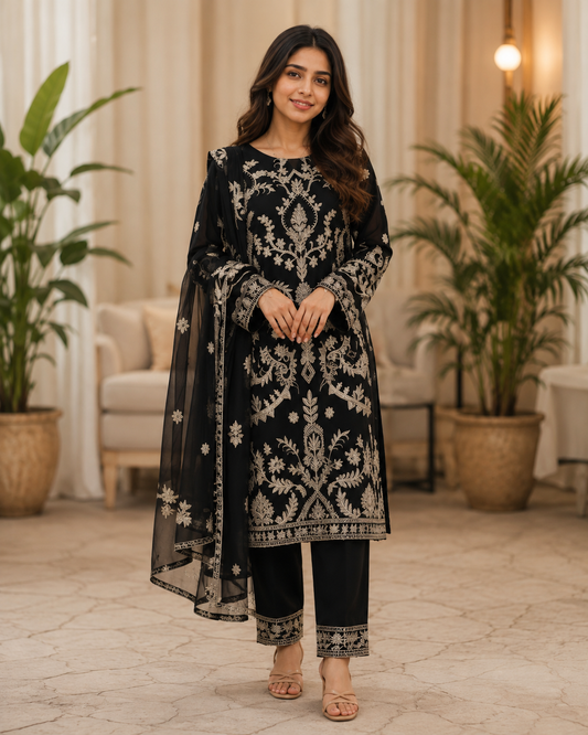 Sunainee model wearing a black embroidered rayon kurta pant set with dupatta