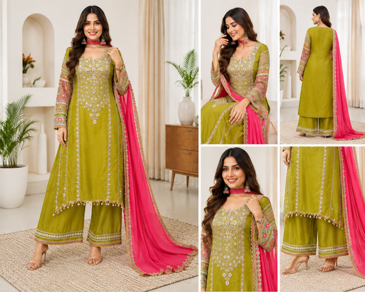 Sunainee olive green embroidered Punjabi suit with pink dupatta on model