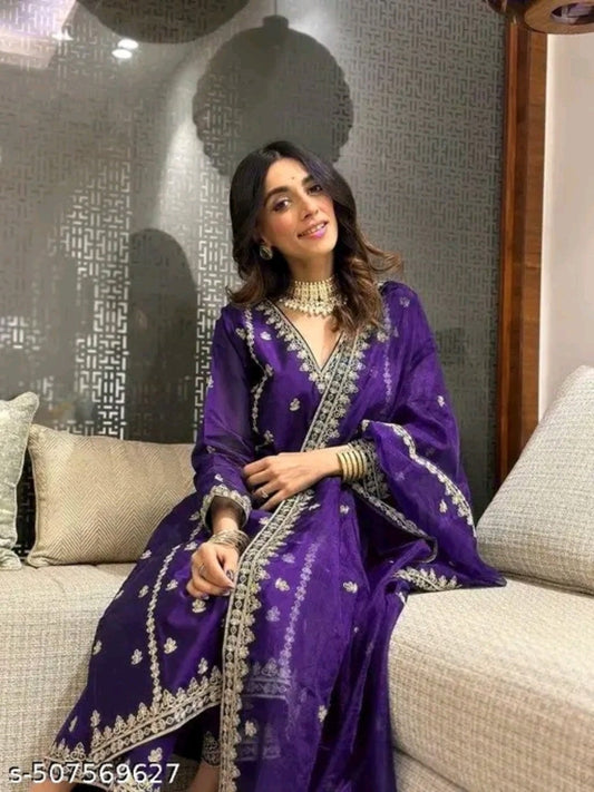 Purple embroidered cotton jari silk kurta set with dupatta