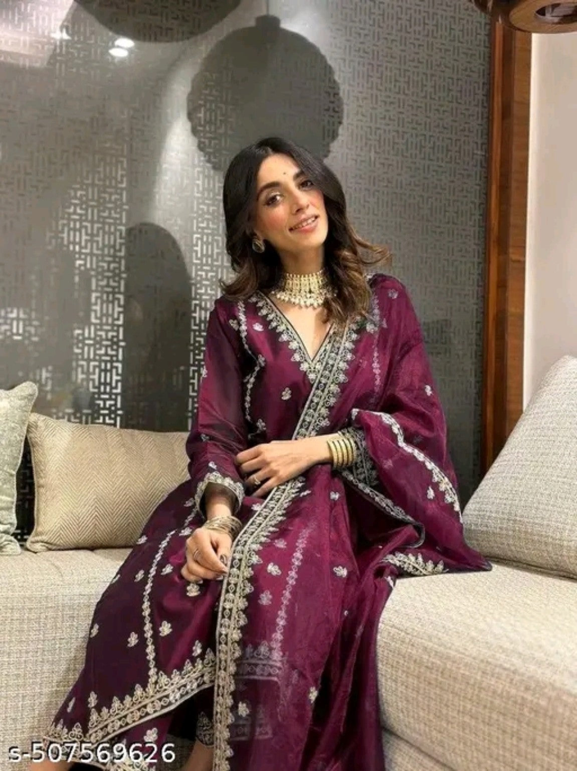 Purple embroidered cotton jari silk kurta set close view