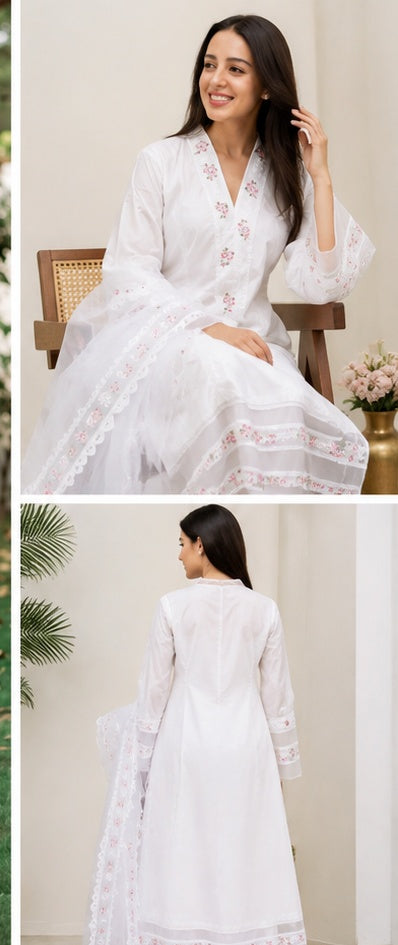 White embroidered cotton silk kurta set with organza dupatta - lifestyle view