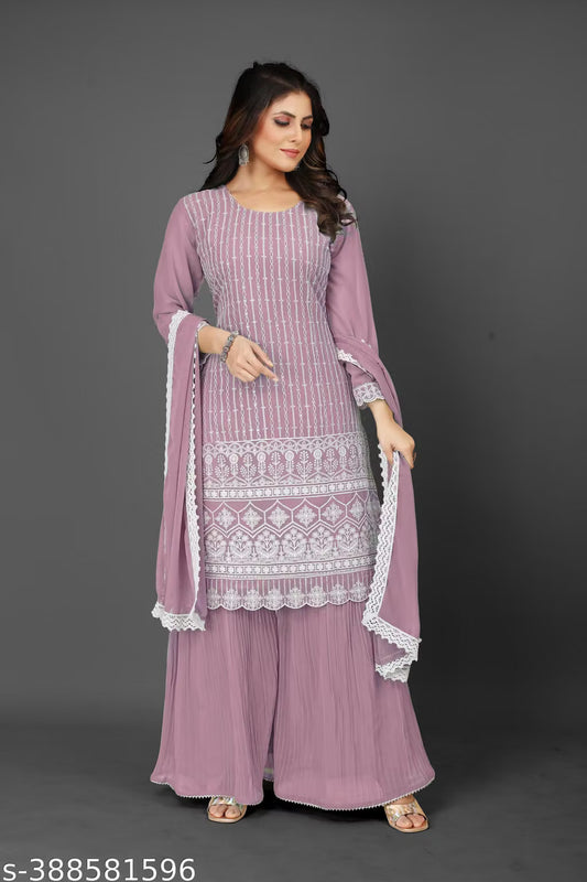 Embroidered Georgette Kurta Sharara Set with Dupatta | Bridal Wedding Guest 3-Piece