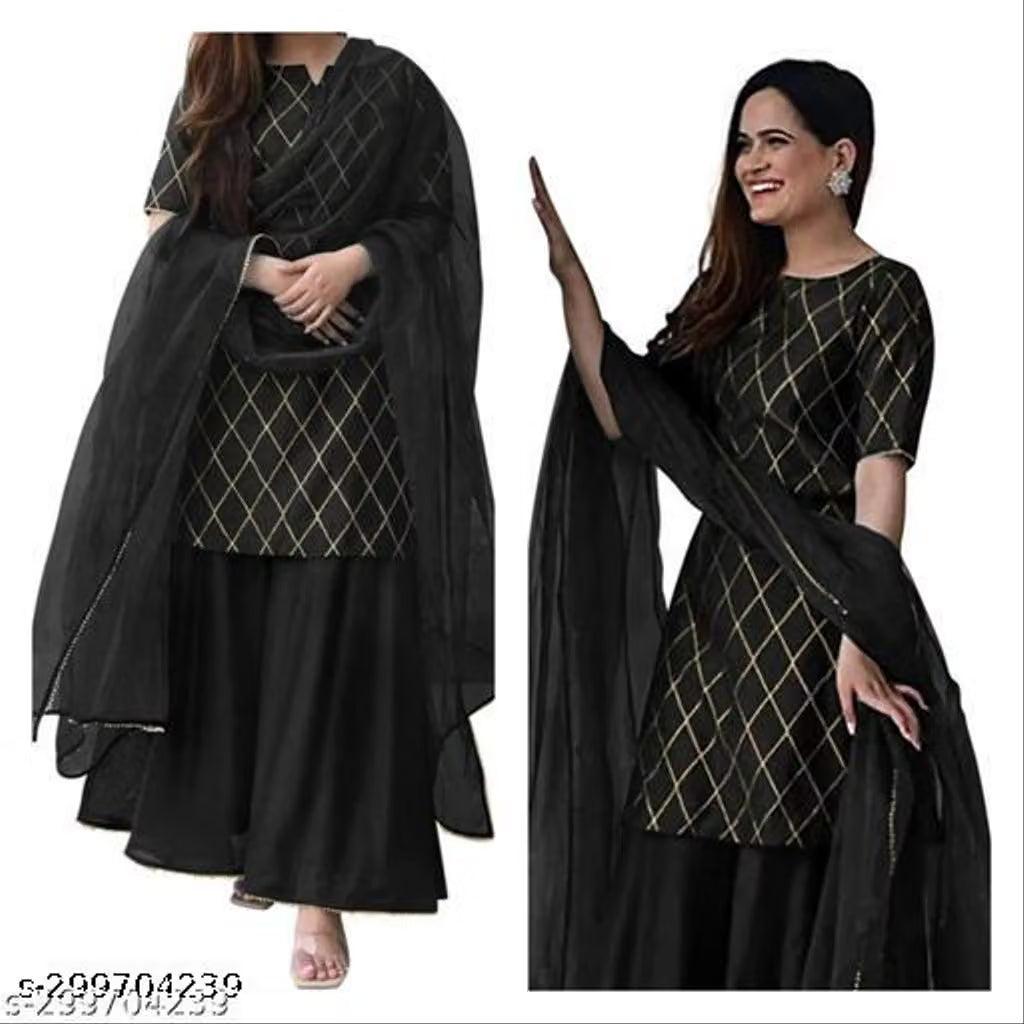 Gold Printed Rayon Kurta & Sharara Set with Dupatta | Sunainee