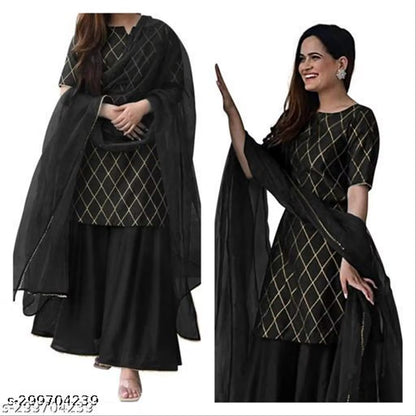 Gold Printed Rayon Kurta & Sharara Set with Dupatta | Sunainee