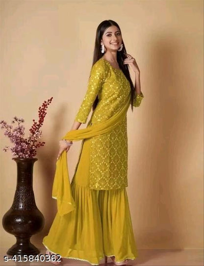 Georgette Sequin Kurta & Sharara Set with Dupatta — Festive Three-Piece