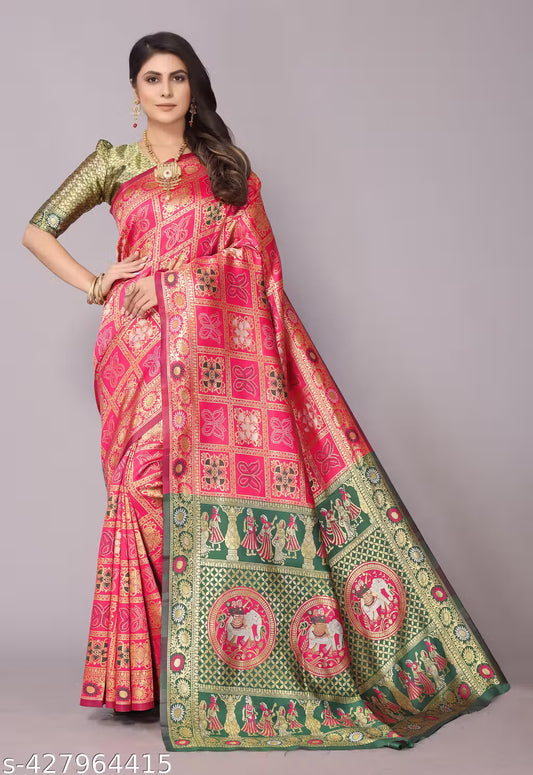Women's Premium Cotton Silk Patola Inspired Zari Woven Saree with Brocade Blouse