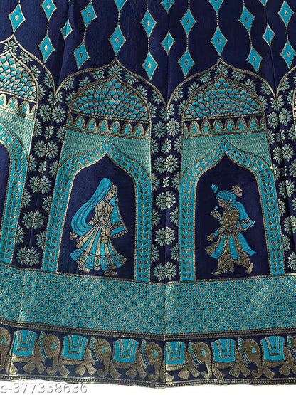 Navy Blue, Gold and Turquoise Banarasi Silk Work Lehenga Choli with Dupatta