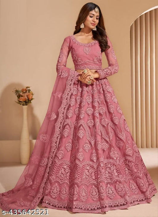 Embroidered Thread Work Semi-Stitched Lehenga with Unstitched Blouse and inner fabric with Stitched Dupatta