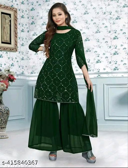 Georgette Sequin Kurta & Sharara Set with Dupatta — Festive Three-Piece