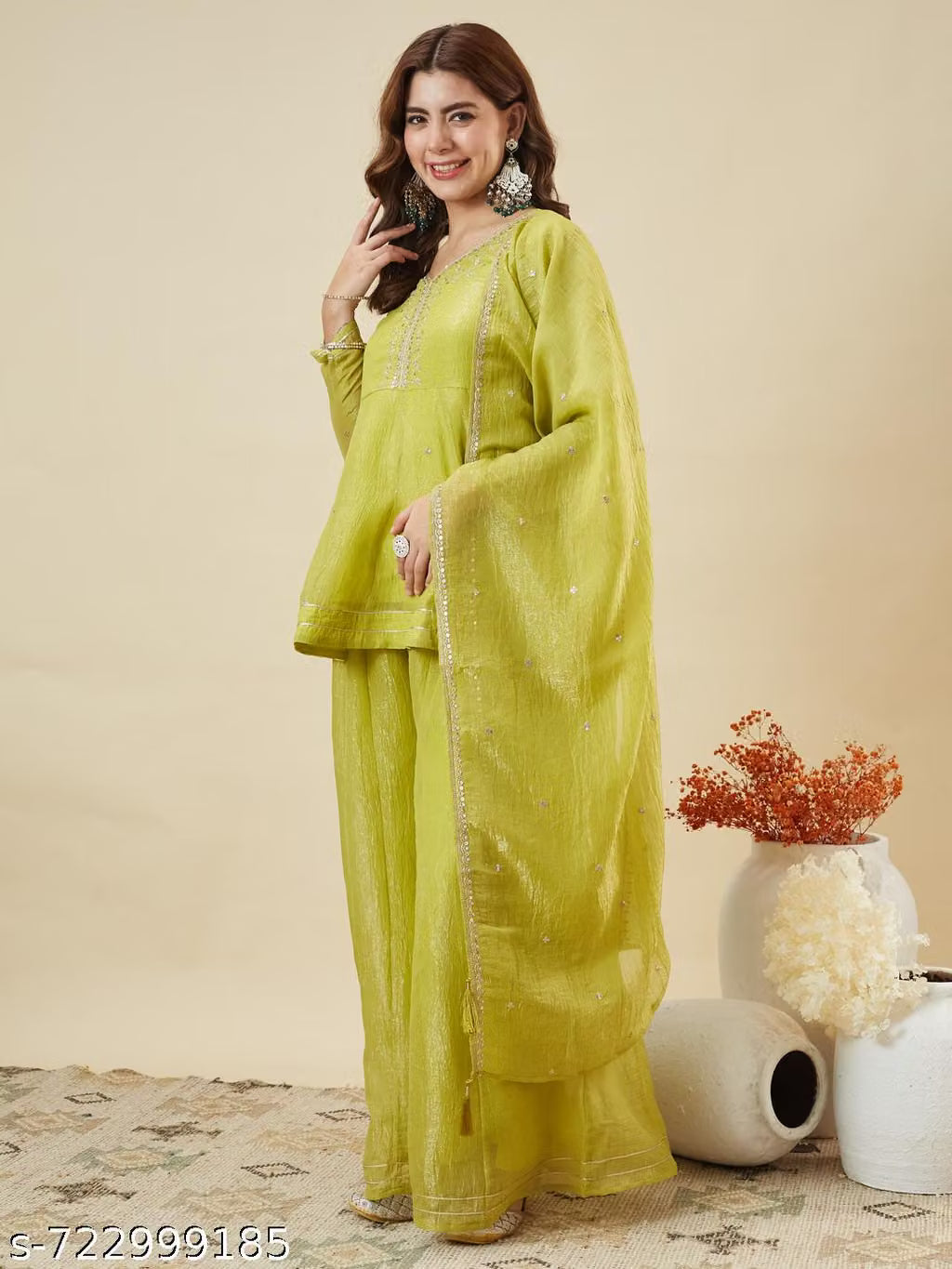 Silk Peplum Kurta & Palazzo Set with Zari Dupatta