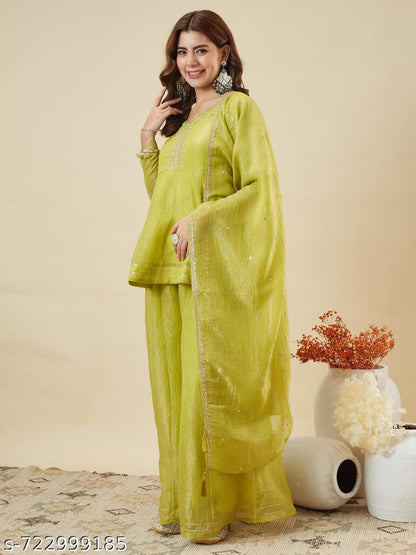 Silk Peplum Kurta & Palazzo Set with Zari Dupatta