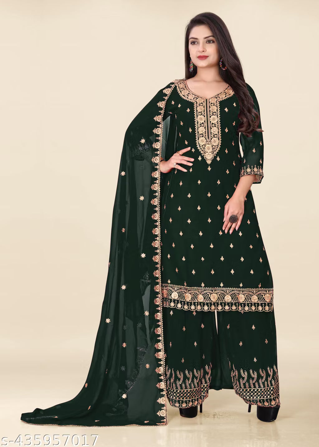 Zari & Sequin Embroidered Georgette Kurta Sharara Set with Dupatta
