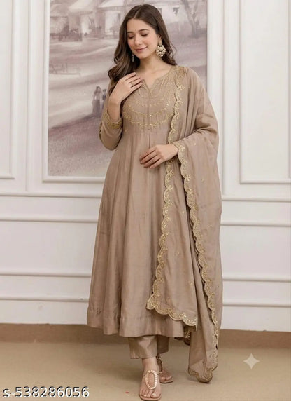 Straight Heavy Embroidered Anarkali Pant Set - Beige front view