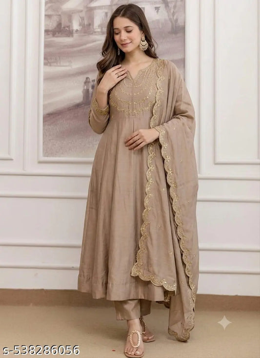 Straight Heavy Embroidered Anarkali Pant Set - Beige front view