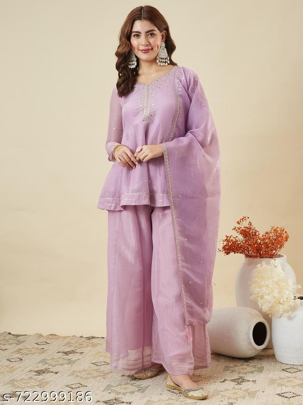 Silk Peplum Kurta & Palazzo Set with Zari Dupatta