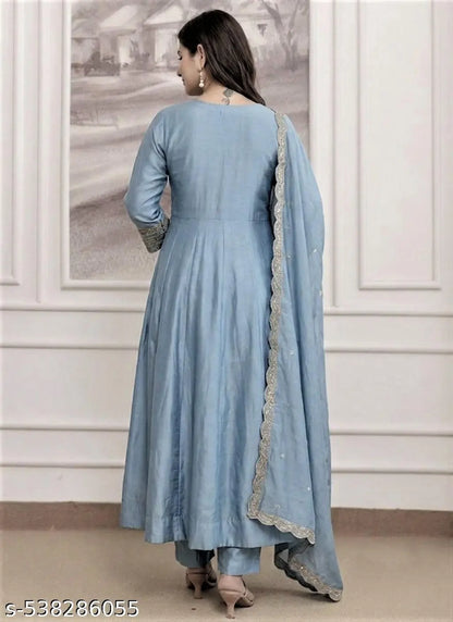 Straight Heavy Embroidered Anarkali Pant Set - Blue detail view