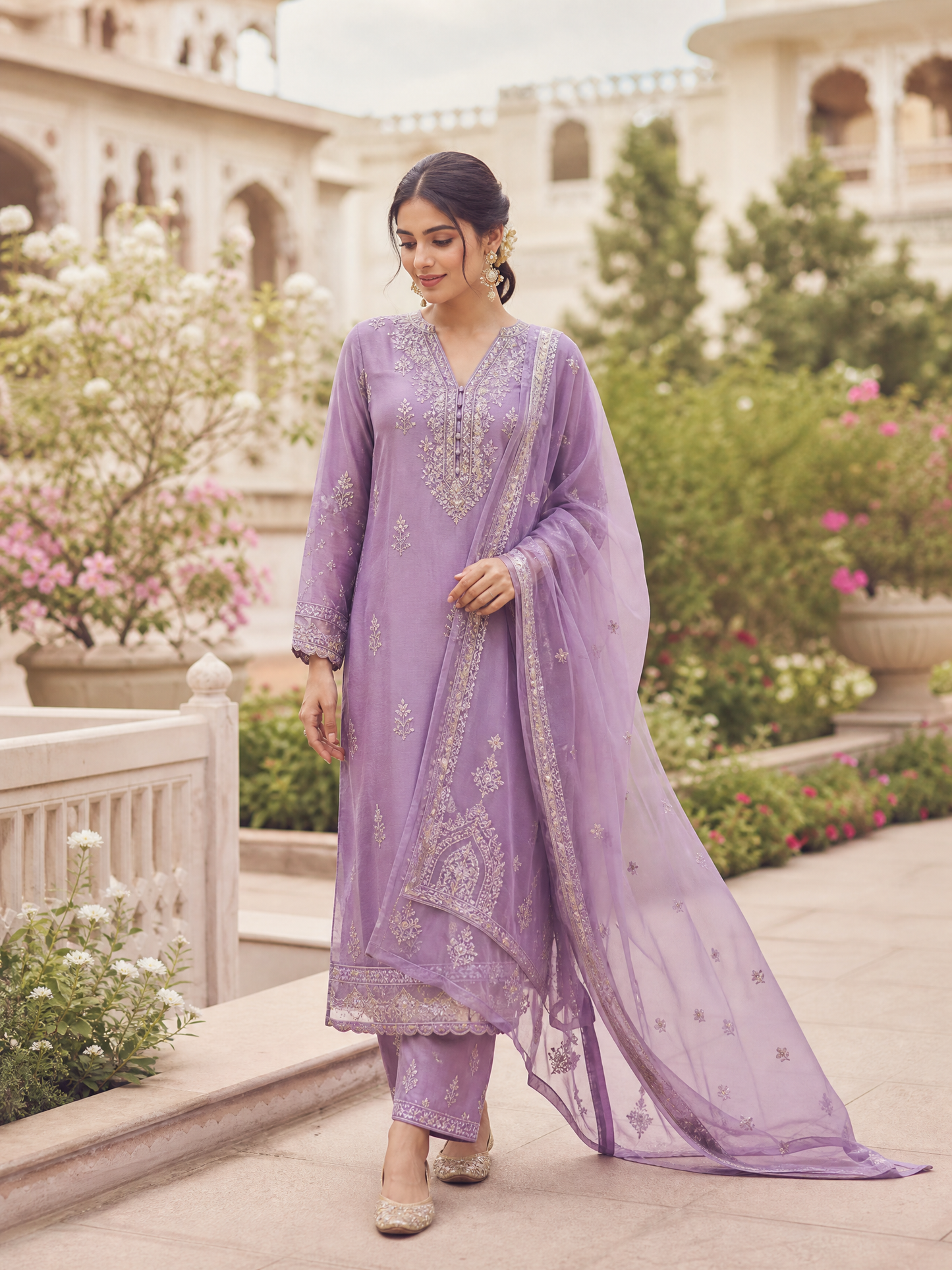 Women's Violet Embroidered Cotton Kurta Set with Trouser & Dupatta