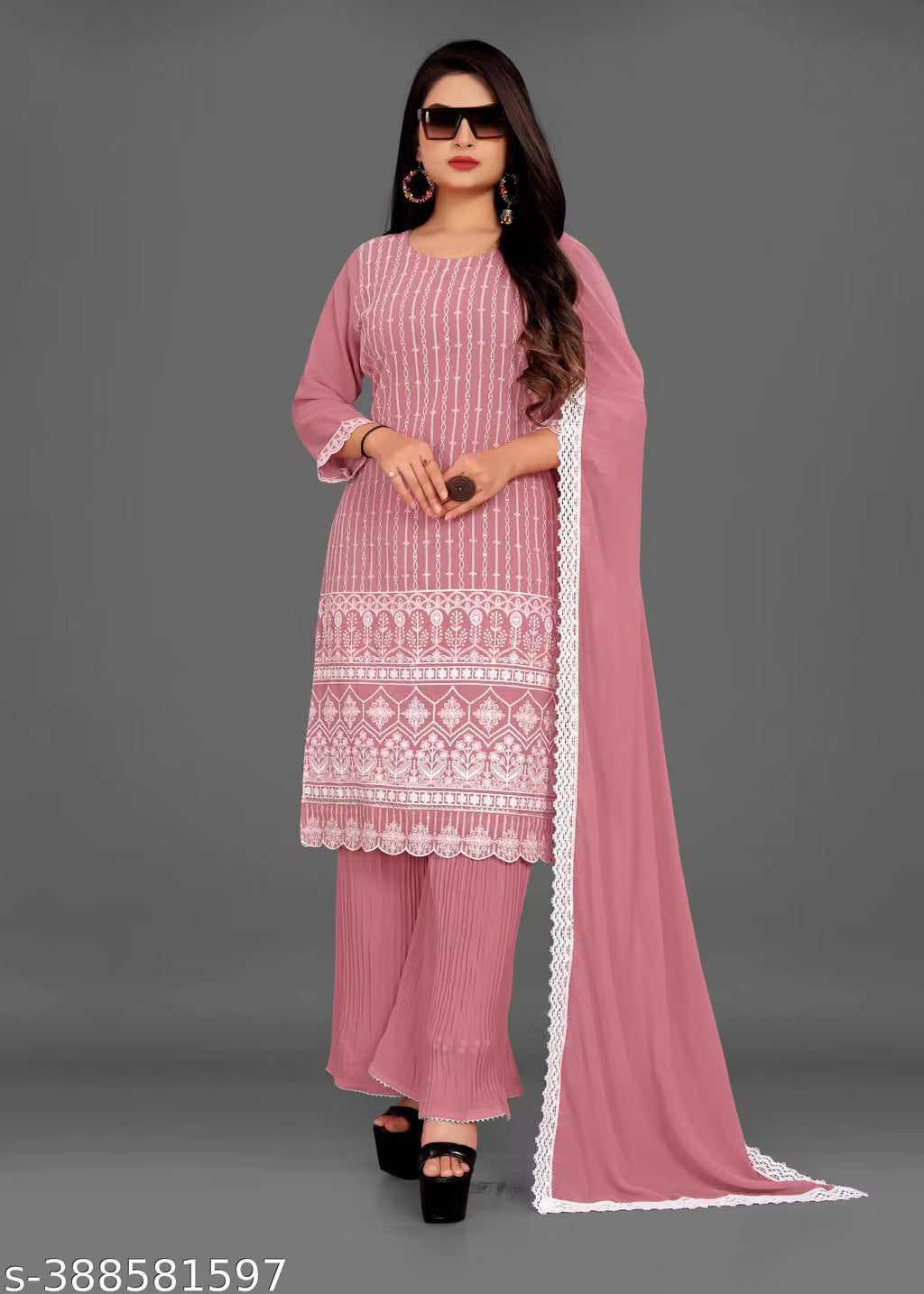 Embroidered Georgette Kurta Sharara Set with Dupatta | Bridal Wedding Guest 3-Piece