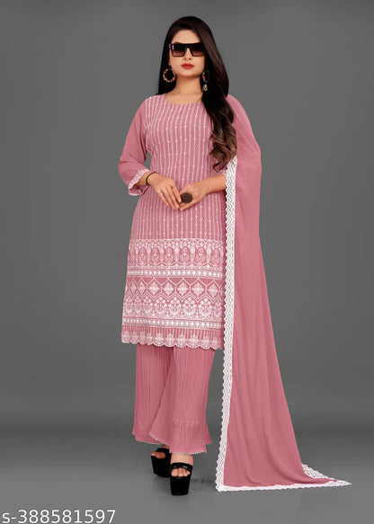Embroidered Georgette Kurta Sharara Set with Dupatta | Bridal Wedding Guest 3-Piece