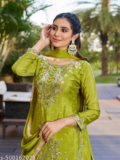Rohita Pista Green Embroidered Silk Sharara Set with Dupatta